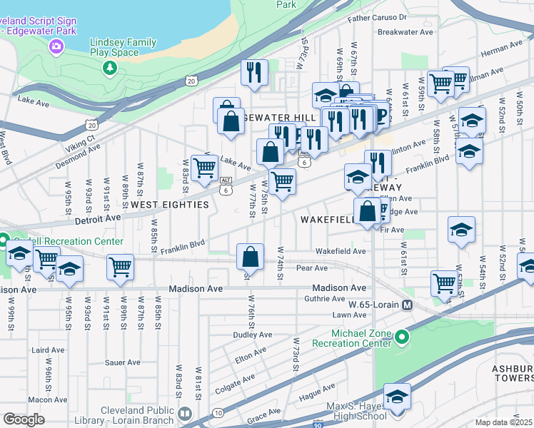 map of restaurants, bars, coffee shops, grocery stores, and more near 1443 West 75th Street in Cleveland