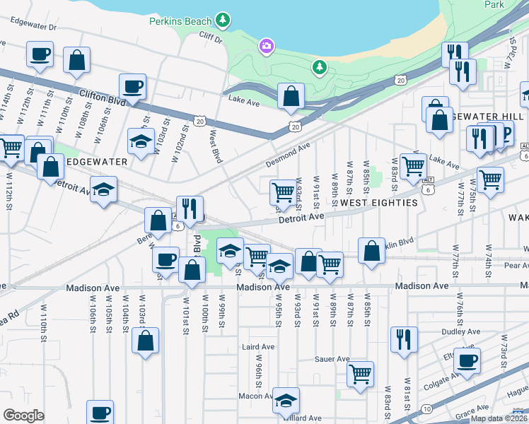 map of restaurants, bars, coffee shops, grocery stores, and more near 1369 West Boulevard in Cleveland