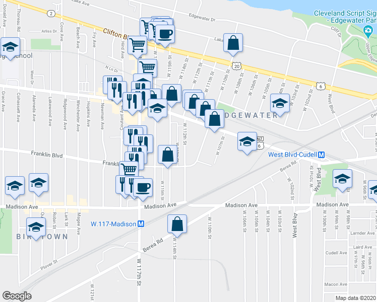 map of restaurants, bars, coffee shops, grocery stores, and more near 1458 West 112th Street in Cleveland