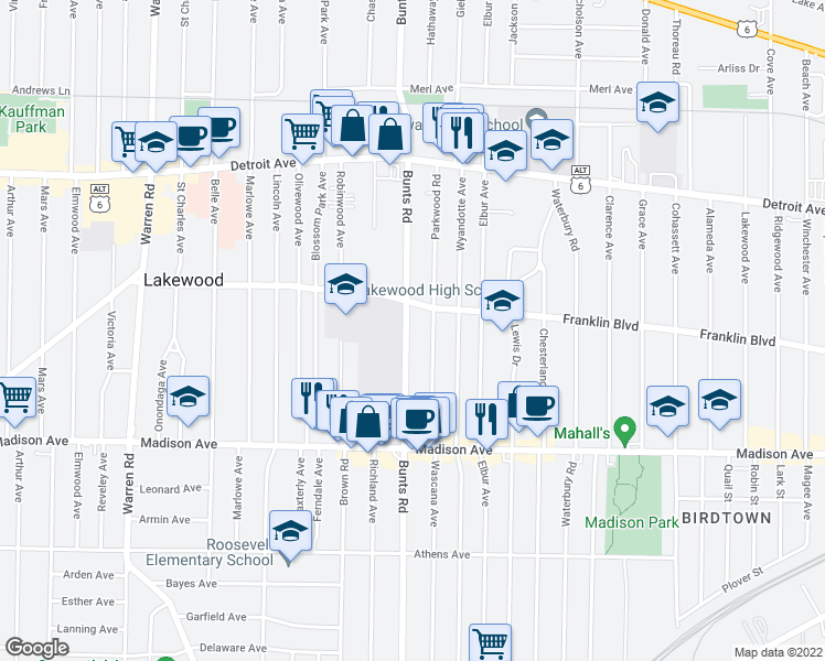 map of restaurants, bars, coffee shops, grocery stores, and more near 1561 Bunts Road in Lakewood