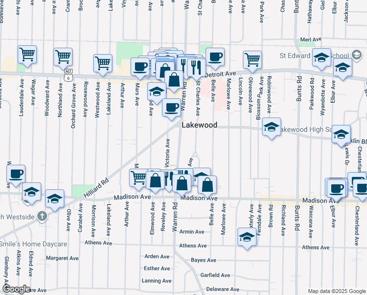 map of restaurants, bars, coffee shops, grocery stores, and more near 1545 Warren Road in Lakewood