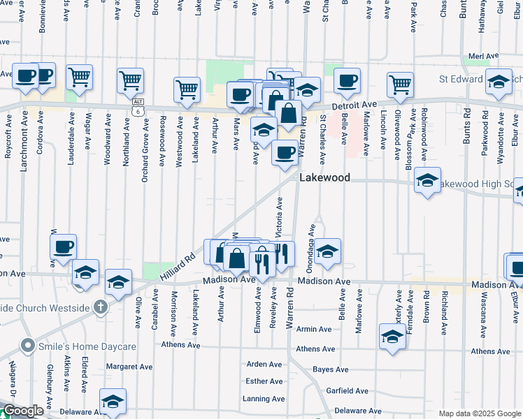 map of restaurants, bars, coffee shops, grocery stores, and more near 1538 Elmwood Avenue in Lakewood