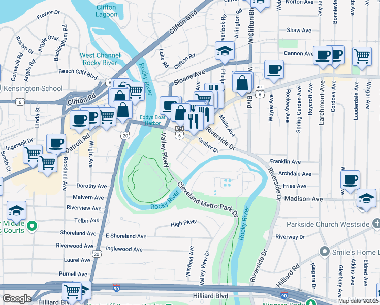 map of restaurants, bars, coffee shops, grocery stores, and more near in Lakewood