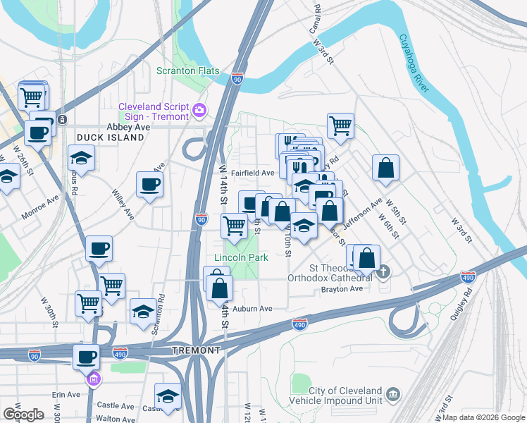 map of restaurants, bars, coffee shops, grocery stores, and more near 2289 West 11th Street in Cleveland