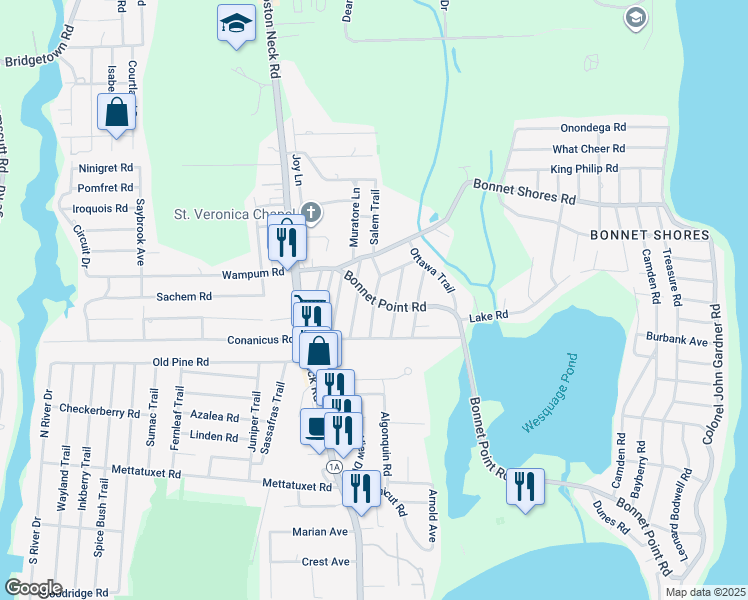 map of restaurants, bars, coffee shops, grocery stores, and more near 22 Bonnet Point Road in Narragansett