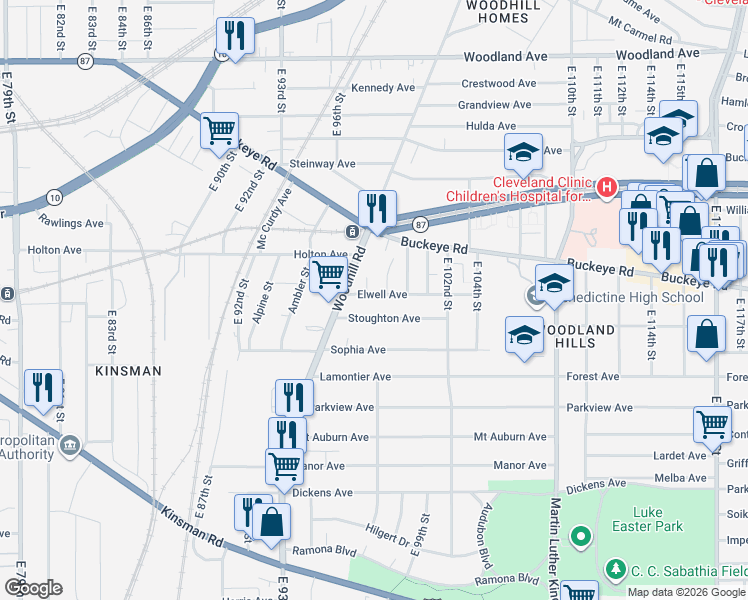 map of restaurants, bars, coffee shops, grocery stores, and more near 2864 East 97th Street in Cleveland