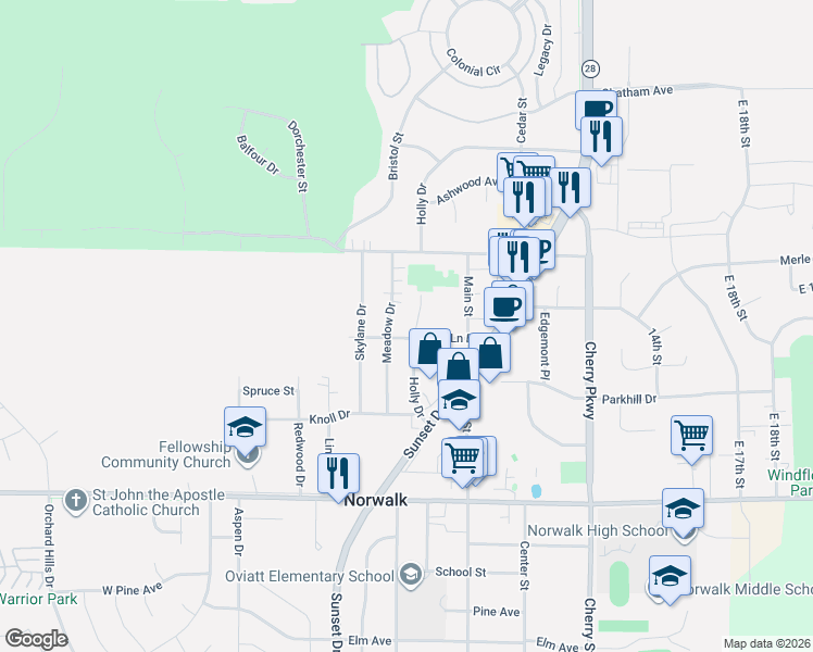 map of restaurants, bars, coffee shops, grocery stores, and more near 1301 Holly Drive in Norwalk