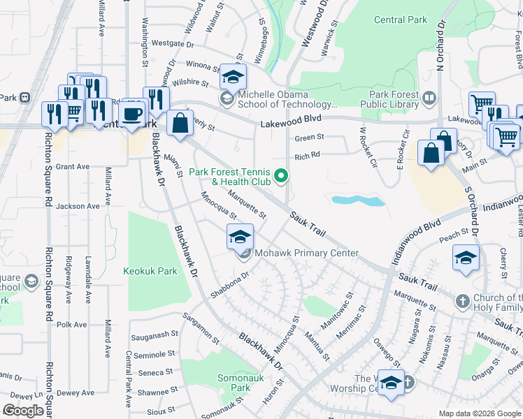 map of restaurants, bars, coffee shops, grocery stores, and more near 320 Marquette Street in Park Forest