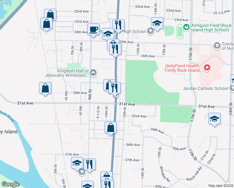 map of restaurants, bars, coffee shops, grocery stores, and more near 2907 11th Street in Rock Island
