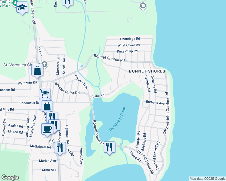 map of restaurants, bars, coffee shops, grocery stores, and more near 65 Brooklyn Road in Narragansett