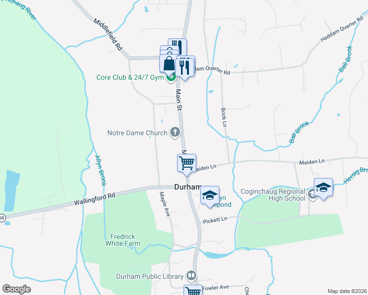 map of restaurants, bars, coffee shops, grocery stores, and more near 272 Main St in Durham