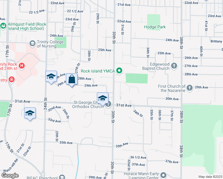 map of restaurants, bars, coffee shops, grocery stores, and more near 2905 29th Street in Rock Island