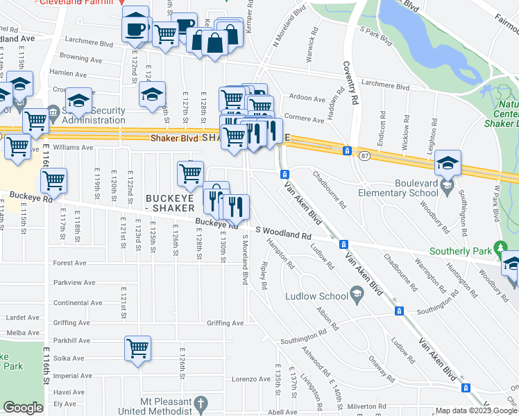 map of restaurants, bars, coffee shops, grocery stores, and more near 2875 Hampton Road in Cleveland