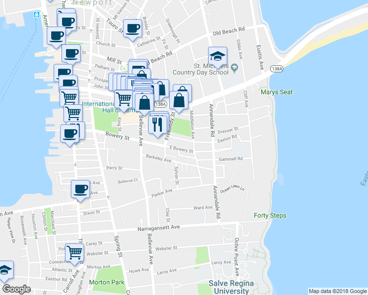 map of restaurants, bars, coffee shops, grocery stores, and more near 38 East Bowery Street in Newport