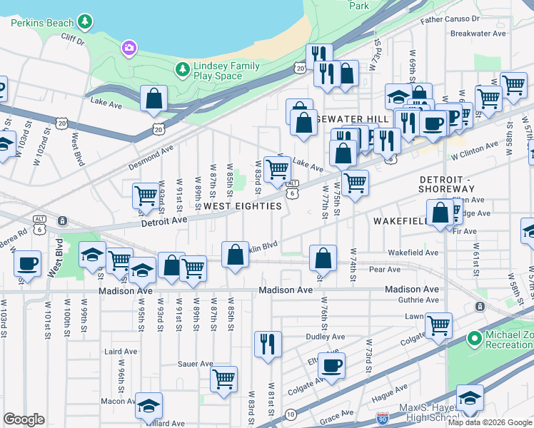 map of restaurants, bars, coffee shops, grocery stores, and more near 1426 West 81st Street in Cleveland