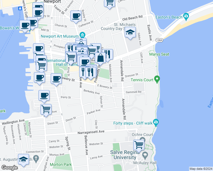 map of restaurants, bars, coffee shops, grocery stores, and more near 42 East Bowery Street in Newport