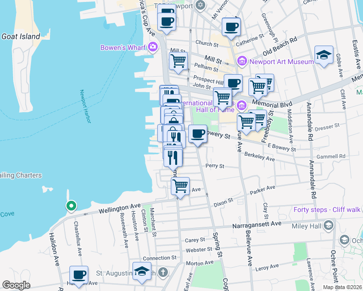 map of restaurants, bars, coffee shops, grocery stores, and more near 37 Howard Street in Newport