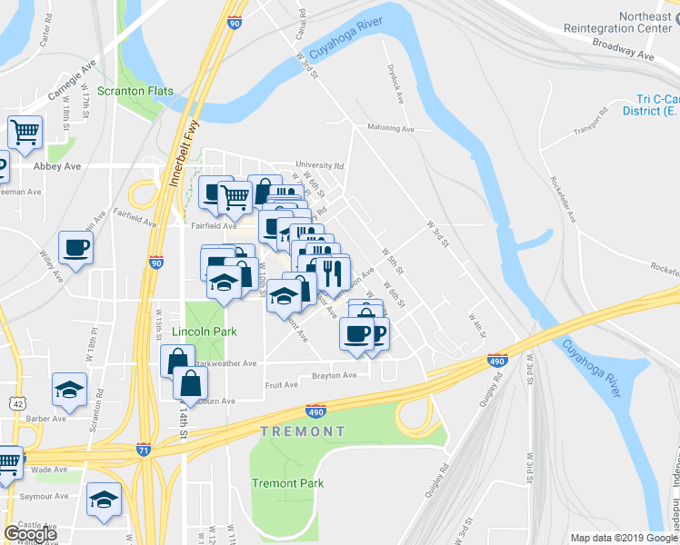map of restaurants, bars, coffee shops, grocery stores, and more near 2346 West 7th Street in Cleveland