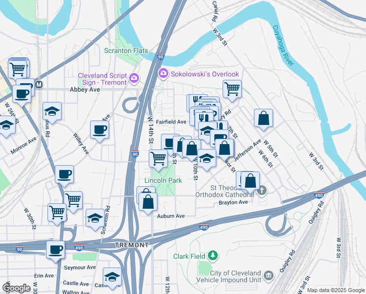 map of restaurants, bars, coffee shops, grocery stores, and more near 2289 West 11th Street in Cleveland