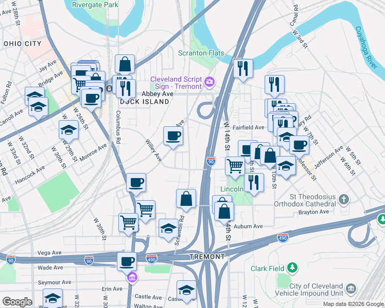 map of restaurants, bars, coffee shops, grocery stores, and more near 2301 Scranton Road in Cleveland