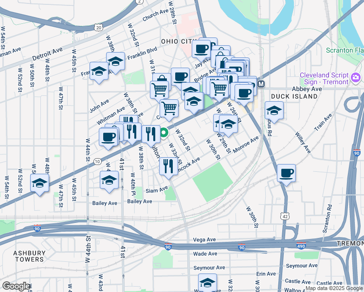 map of restaurants, bars, coffee shops, grocery stores, and more near 2085 West 32nd Street in Cleveland