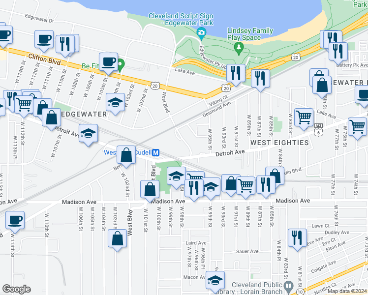 map of restaurants, bars, coffee shops, grocery stores, and more near 1350 West Boulevard in Cleveland