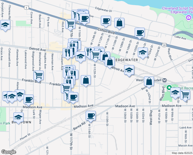 map of restaurants, bars, coffee shops, grocery stores, and more near 1458 West 112th Street in Cleveland