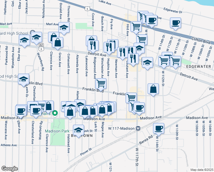 map of restaurants, bars, coffee shops, grocery stores, and more near 1511 Winchester Avenue in Lakewood