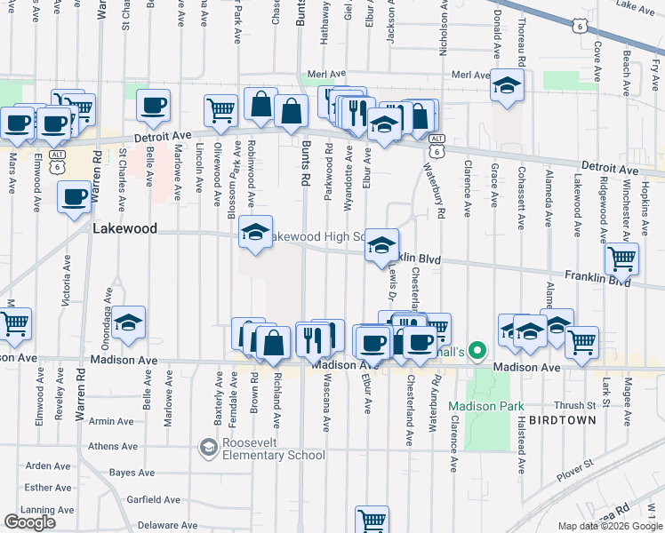 map of restaurants, bars, coffee shops, grocery stores, and more near 1555 Wyandotte Avenue in Lakewood
