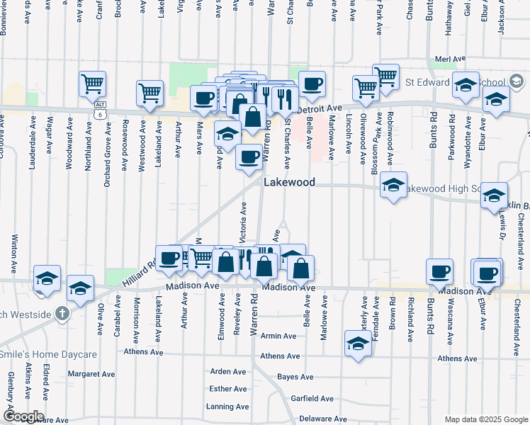 map of restaurants, bars, coffee shops, grocery stores, and more near 1545 Warren Road in Lakewood