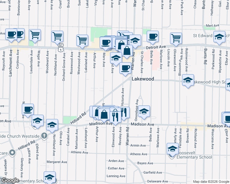 map of restaurants, bars, coffee shops, grocery stores, and more near 1538 Elmwood Avenue in Lakewood