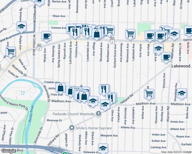 map of restaurants, bars, coffee shops, grocery stores, and more near 1552 Wagar Avenue in Lakewood