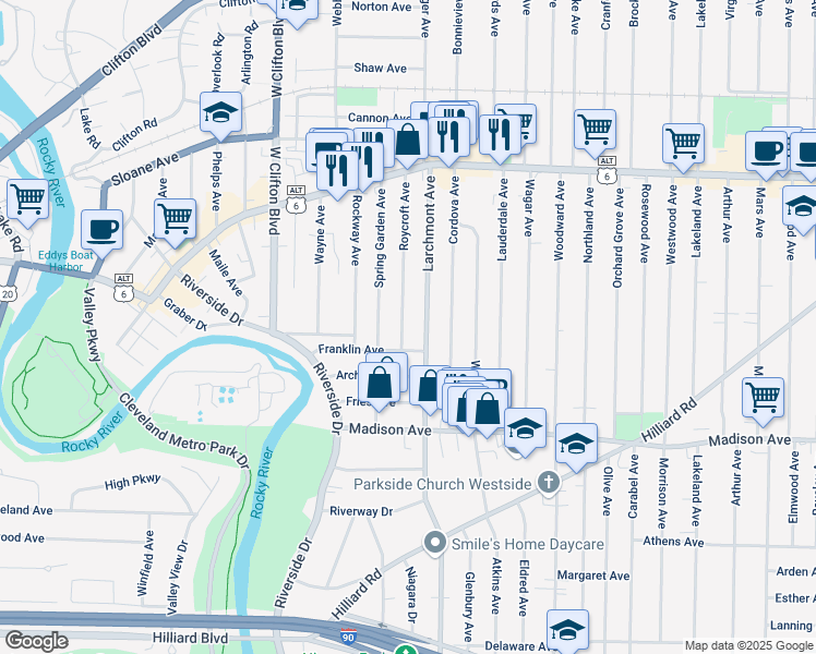 map of restaurants, bars, coffee shops, grocery stores, and more near 1555 Roycroft Avenue in Lakewood