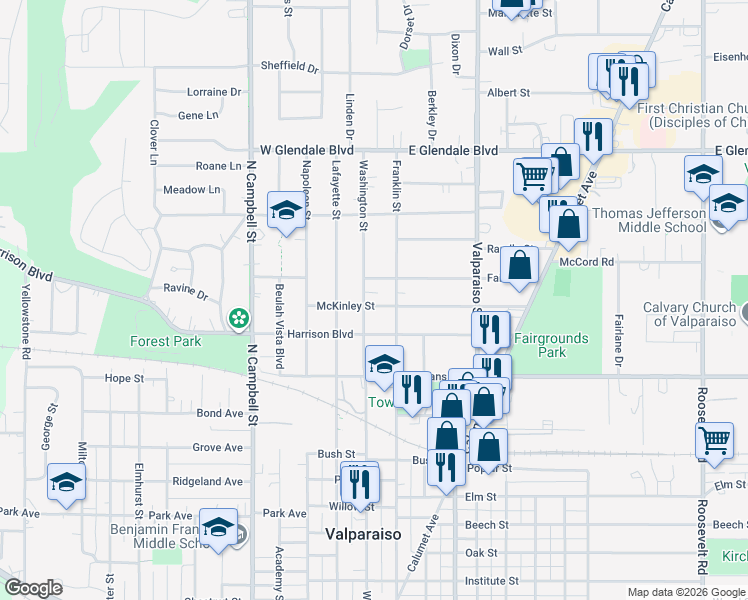 map of restaurants, bars, coffee shops, grocery stores, and more near 1305 Franklin St in Valparaiso