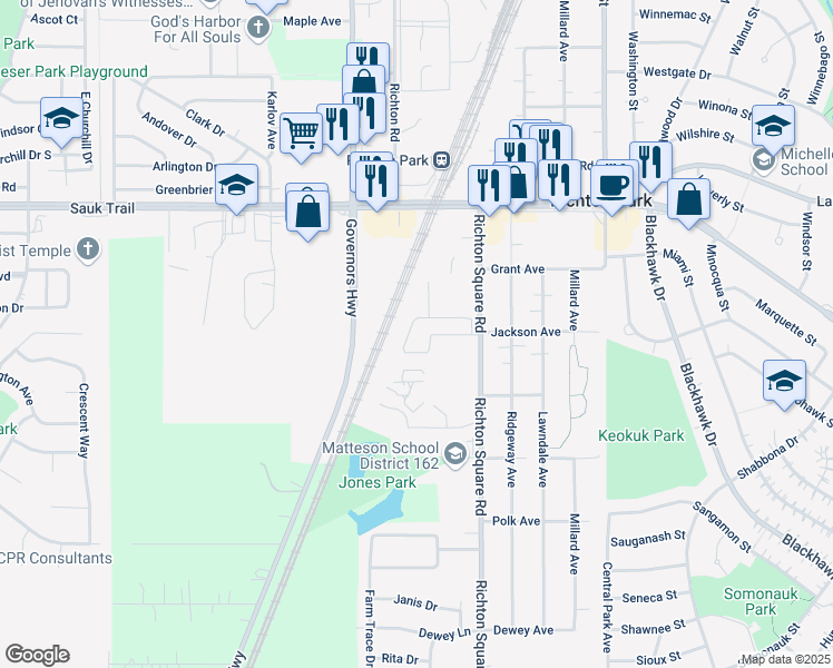 map of restaurants, bars, coffee shops, grocery stores, and more near 22432 Regency Drive in Richton Park
