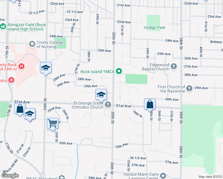 map of restaurants, bars, coffee shops, grocery stores, and more near 2905 29th Street in Rock Island