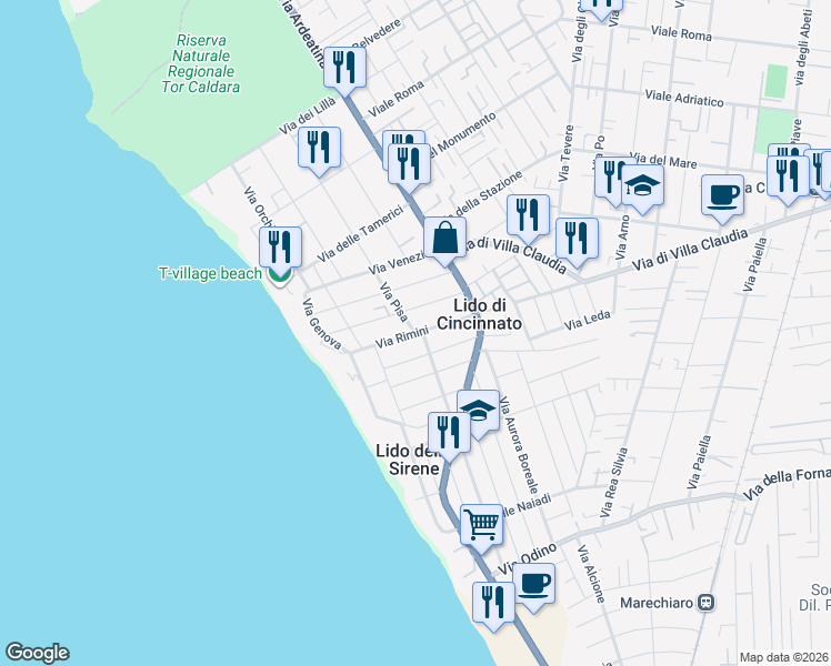 map of restaurants, bars, coffee shops, grocery stores, and more near 93B Via Portofino in Anzio