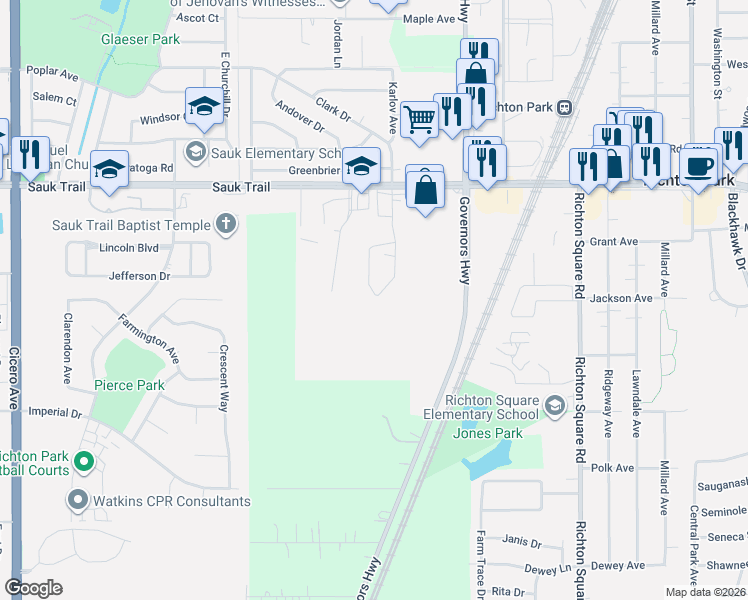 map of restaurants, bars, coffee shops, grocery stores, and more near 22300 Karlov Avenue in Richton Park
