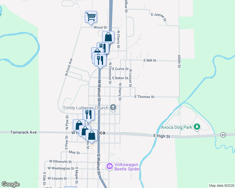 map of restaurants, bars, coffee shops, grocery stores, and more near 512 North Cherry Street in Avoca