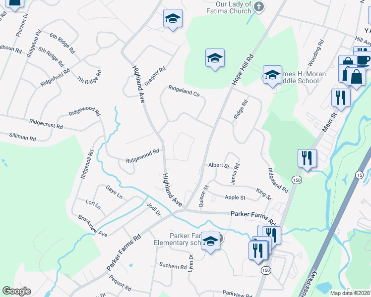 map of restaurants, bars, coffee shops, grocery stores, and more near 8 Highland Drive in Wallingford