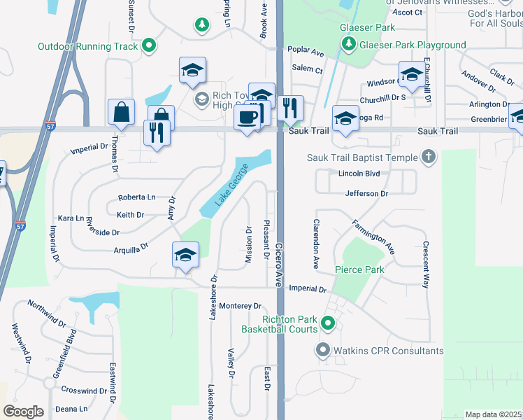 map of restaurants, bars, coffee shops, grocery stores, and more near 22454 Pleasant Drive in Richton Park