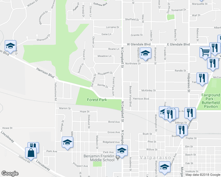 map of restaurants, bars, coffee shops, grocery stores, and more near 552 Ravine Drive in Valparaiso