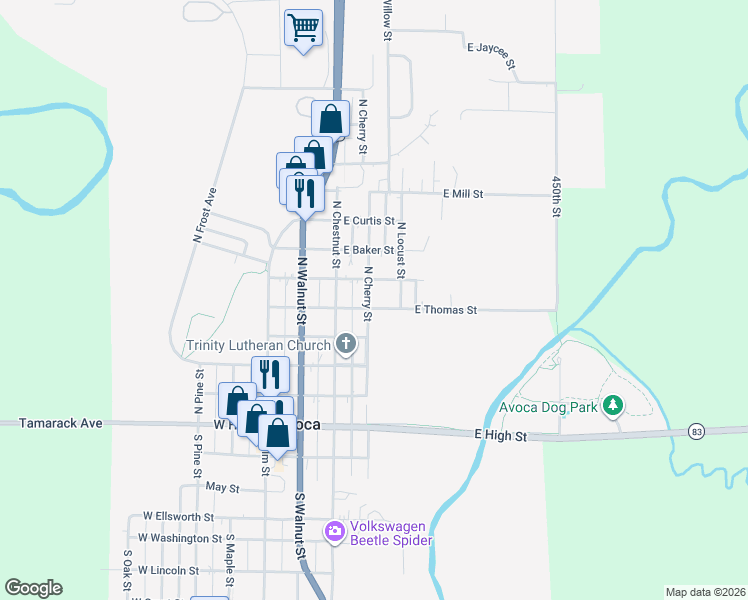 map of restaurants, bars, coffee shops, grocery stores, and more near 512 North Cherry Street in Avoca