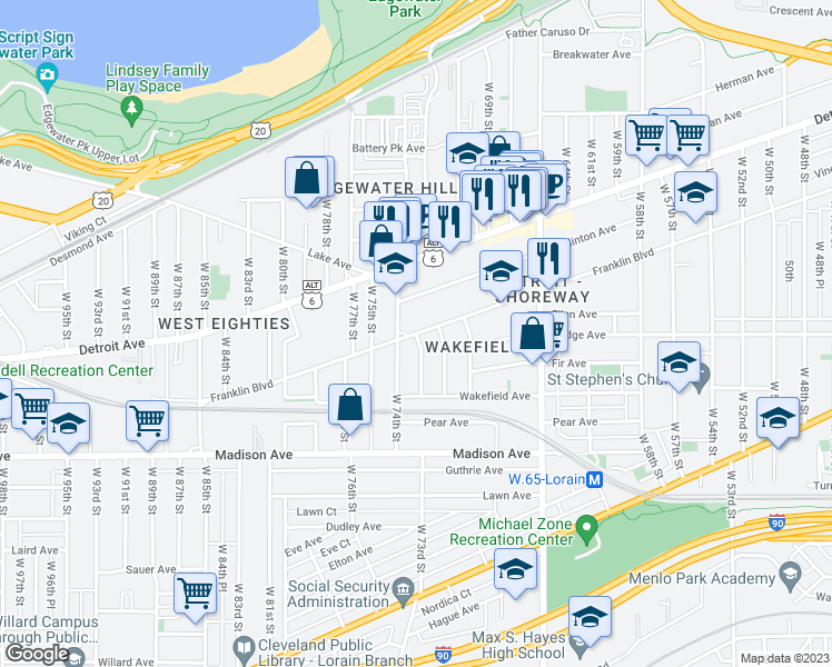 map of restaurants, bars, coffee shops, grocery stores, and more near Franklin Blvd & W 73rd St in Cleveland