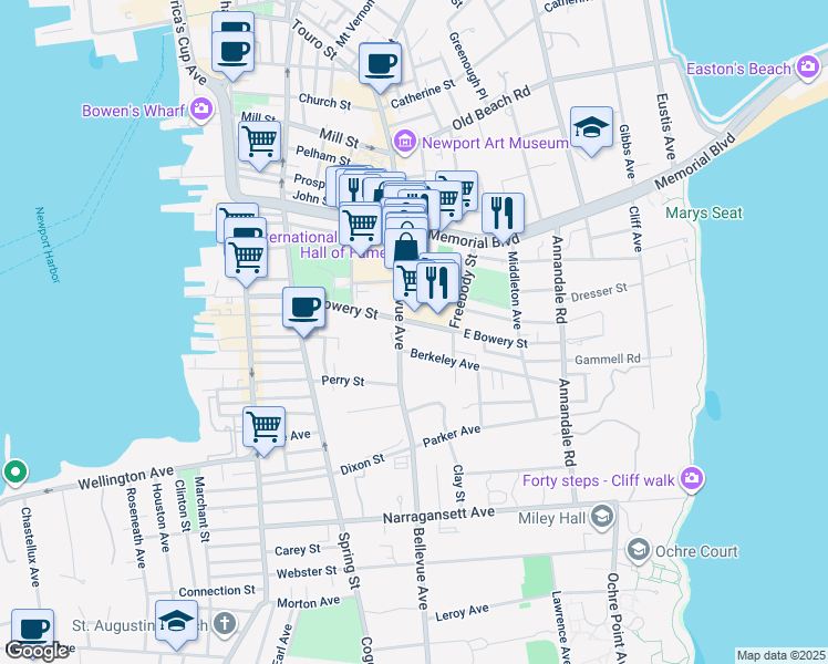 map of restaurants, bars, coffee shops, grocery stores, and more near 304 Bellevue Avenue in Newport