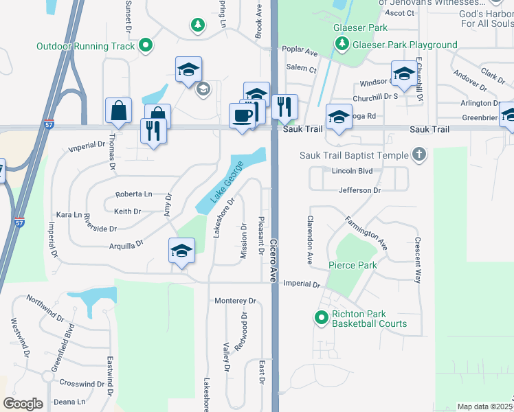 map of restaurants, bars, coffee shops, grocery stores, and more near 22500 Pleasant Drive in Richton Park