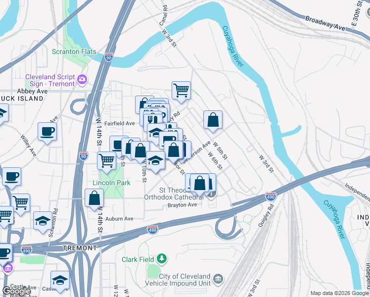 map of restaurants, bars, coffee shops, grocery stores, and more near 710 Jefferson Avenue in Cleveland