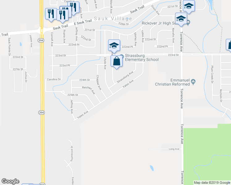 map of restaurants, bars, coffee shops, grocery stores, and more near 22461 Yates Avenue in Sauk Village