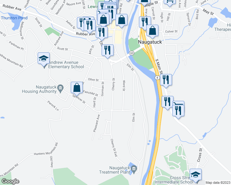 map of restaurants, bars, coffee shops, grocery stores, and more near 236 Cherry Street in Naugatuck