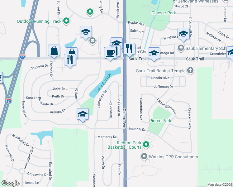 map of restaurants, bars, coffee shops, grocery stores, and more near 22500 Pleasant Drive in Richton Park